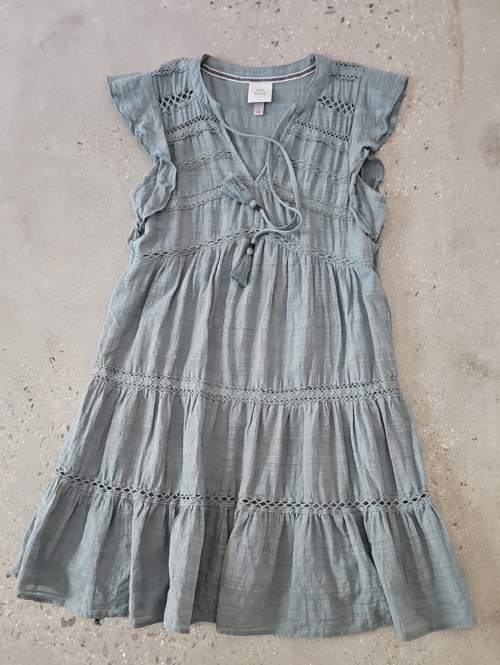 Knox Rose Womens' Light Blue Tiered Cotton Dress with Lace Trim Size Small